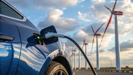 Electric Car with Metallic Blue Finish Charging at Modern Station, Wind Turbines and Clean Energy Background in Shallow Depth of Field, Generative AI