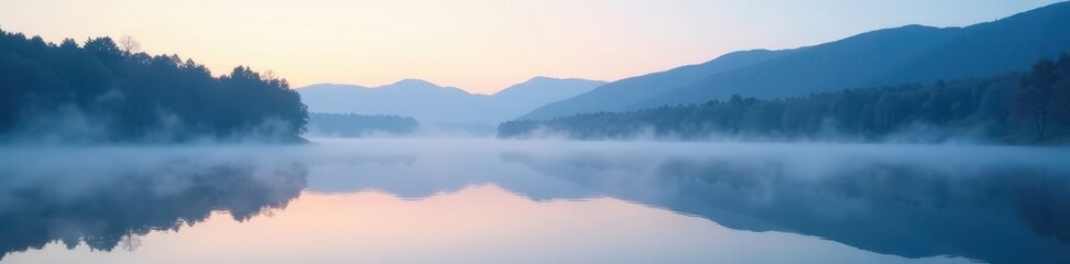 Obraz premium Soft blue mist rises from a serene lake at dawn, sky, white, calm
