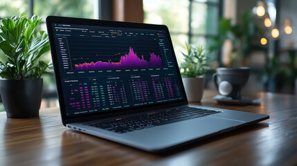 Laptop displays financial data analysis with colorful graphs in a modern workspace
