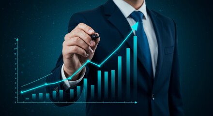 Elegant businessman visualizing exponential success with innovative interface