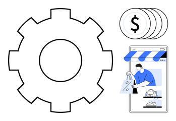 Large gear, three stacked dollar coins, person shopping on mobile app. Ideal for online retail, technology innovation, digital marketing, financial growth, mobile commerce, user experience design