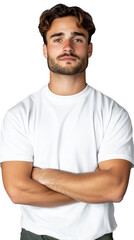 Obraz premium Confident man in white shirt with arms crossed on transparent background, strong expression
