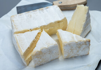 French soft squared pont l'eveque cow cheese from Calvados department, Normandy, France