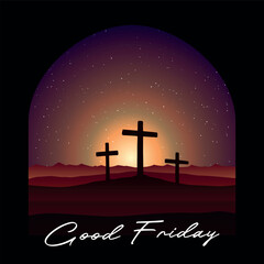 Good Friday vector illustration, with the cross on the Calvary hill at night.