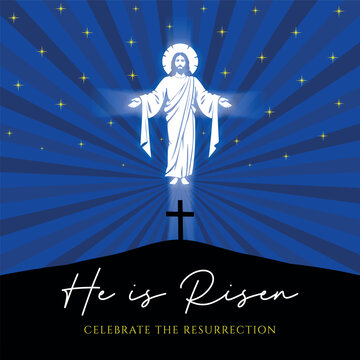 He is risen Easter vector illustration, with the cross and Risen Jesus Christ on the Calvary hill at night.