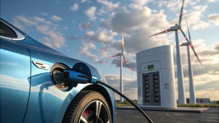 Electric Car with Metallic Blue Finish Charging at Modern Station, Wind Turbines and Clean Energy Background in Shallow Depth of Field, Generative AI