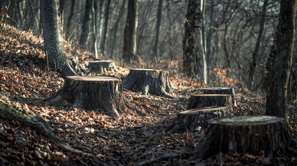 Tree Stumps in Clear Cut Forest with Scattered Leaves and Bright Sunlight Through Woodland Scene. Concept of Deforestation, Environmental Impact, Nature Conservation, Tree Loss