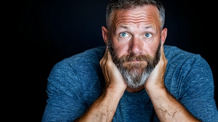Fototapeta premium Pensive man, hands clasped, dark background, portrait