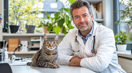 Male Veterinarian Examining Cat in Clinic Setting with Plants and Natural Light. Concept of Animal Care, Veterinary Medicine, Pet Health, Professional Compassion