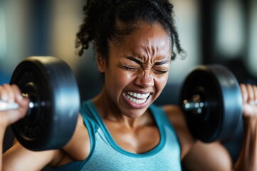 Mulher em atividade de força na academia, com expressão de determinação durante a execução do exercício, representando esporte, musculação e saúde