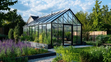 Obraz premium Modern Black Greenhouse in Lush Garden with Purple Flowers