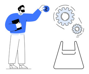Businessman depositing a dollar coin into a mechanism with gears, holding a document. Ideal for investment, finance, innovation, technology, business strategy, optimization economic growth. Abstract