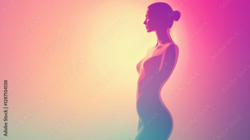 Poster slim female silhouette illustration with highlighted waistline in vibrant minimalist style and color
