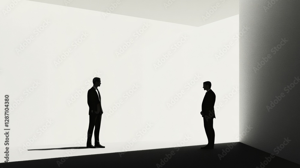 Poster two men in suits engaged in conversation in a minimalist white room with dramatic shadows. generativ