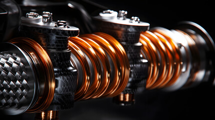 A close-up of a performance coilover suspension system installed in a tuned sports car.