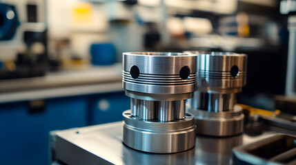 A close-up of a precision-machined forged piston set on a workbench at a high-performance tuning shop.
