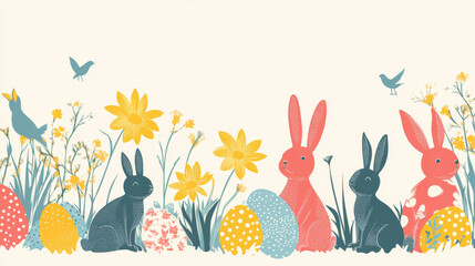 Cheerful easter border with cartoon bunnies, colorful eggs, and spring flowers. concept of festive cheer, playful artwork, springtime celebration, easter decorations. Copy space