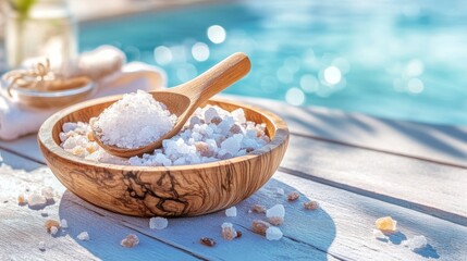 Dead sea salt pile, white crystals for body spa, sodium chloride similar to crushed ice, spa scrub on wood plate