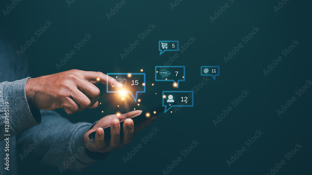 Aufkleber social media connecting concept. businessman using smartphone for connect to social media internet n