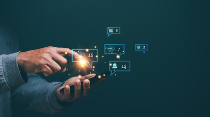 Social media connecting concept. Businessman using smartphone for connect to social media internet network. Notification for e-mail, message, and other application on online network.