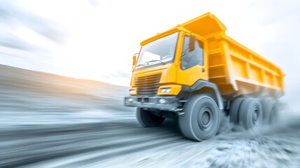 Yellow dump truck moving fast on snowy winter road with motion blur effect. Heavy construction vehicle driving in cold weather conditions for industrial transportation