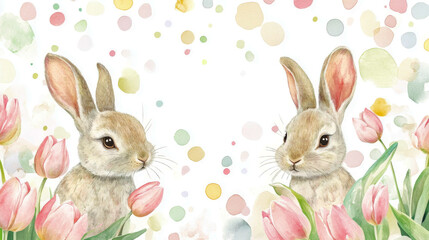 Obraz premium Charming watercolor style easter border with cute rabbits and tulips. concept of spring celebrations, floral beauty, festive atmosphere, pastel aesthetics, bunnies. Copy space