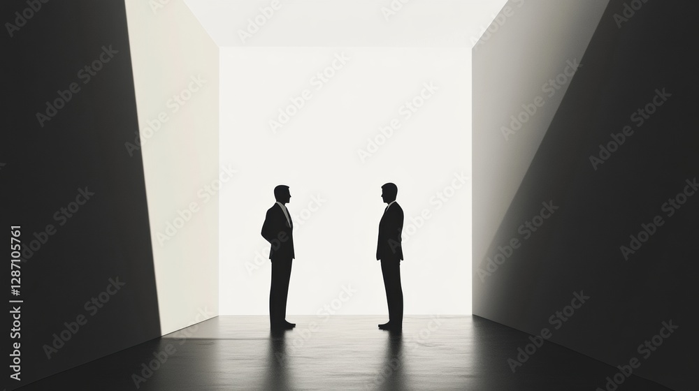 Poster Two men engaged in conversation in a minimalist architectural space with dramatic lighting effects. Generative AI