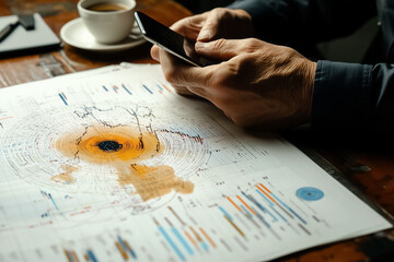 Person examines a detailed data report at a wooden table while browsing on a smartphone. Coffee cup nearby complements the focused atmosphere. This setting conveys a workspace vibe