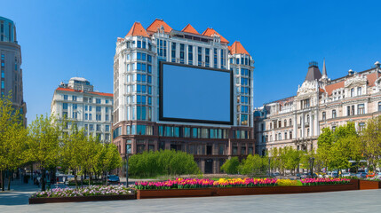 Modern cityscape with large blank billboard on building surrounded by green trees and blooming tulips. Concept of outdoor advertising, urban commercial space, promotional banner. Copy space