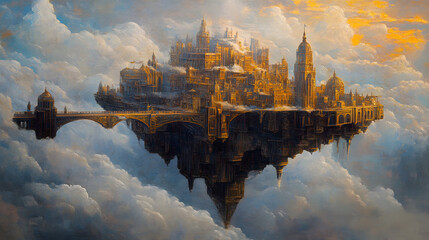 A grand oil painting depicting a surreal floating city above the clouds with golden towers and bridges.