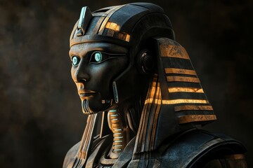 Ancient robotic figure inspired by Egyptian pharaohs stands against a dark background