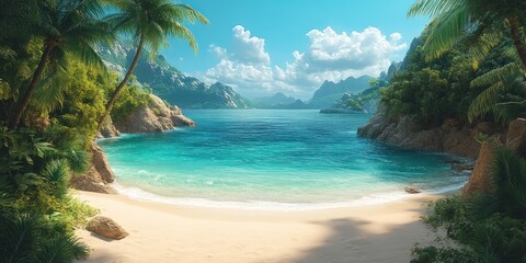 Fototapeta premium Serene Tropical Beach Paradise: Hidden Cove with Azure Waters and Lush Greenery