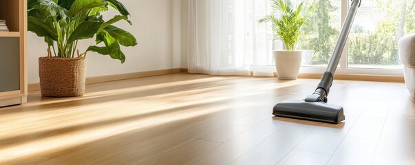 Bright sunlight fills a modern room as a vacuum cleans a hardwood floor. The cozy atmosphere is enhanced by plants and spacious copy area perfect for banners or backgrounds