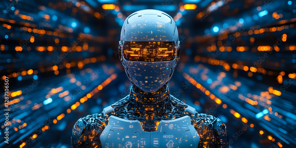 Poster futuristic robot with digital interface in technology tunnel representing advanced artificial intell