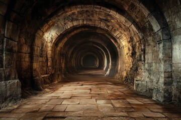 Ancient stone tunnel with arched walls illuminated by soft light in a mysterious underground setting