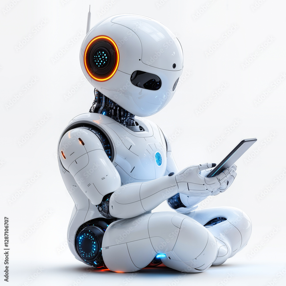 Poster futuristic white robot sitting and interacting with a digital tablet displaying high-tech artificial