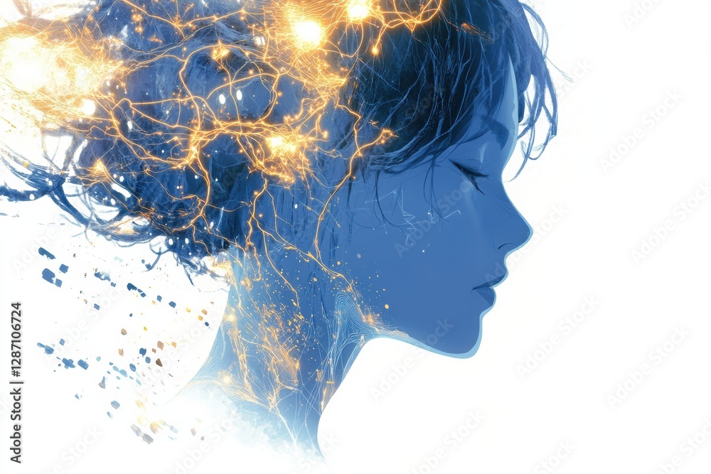 Poster Profile of a human head with neural connections symbolizing the fusion of artificial intelligence and cybernetic evolution. Generative AI