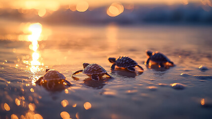 A group of baby sea turtles making their way to the ocean the sunlight reflecting off the wet sand.