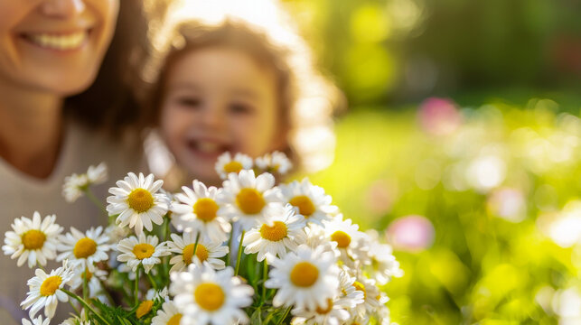 Close Up of Smiling Mother and Young Child with Daisies in Sunny Spring Garden. Concept of Mother's Day, Family Bonding, Nature's Beauty, Joyful Moments. Spring, Summer. Copy space