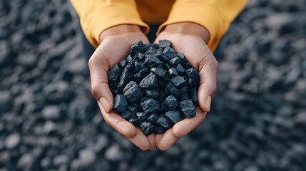 Hands holding black coal pieces on blurred coal pile background. Natural fossil fuel resource. Mining industry and energy production concept with copy space