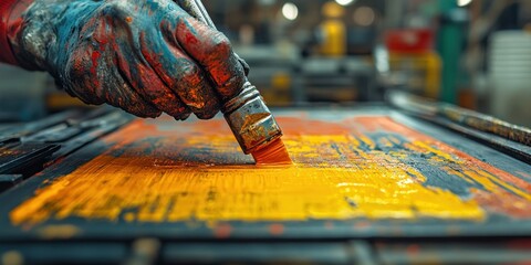 Close-up of an artist's paintbrush applying vibrant orange and yellow paint on a canvas in a creative studio setting, highlighting artistic techniques