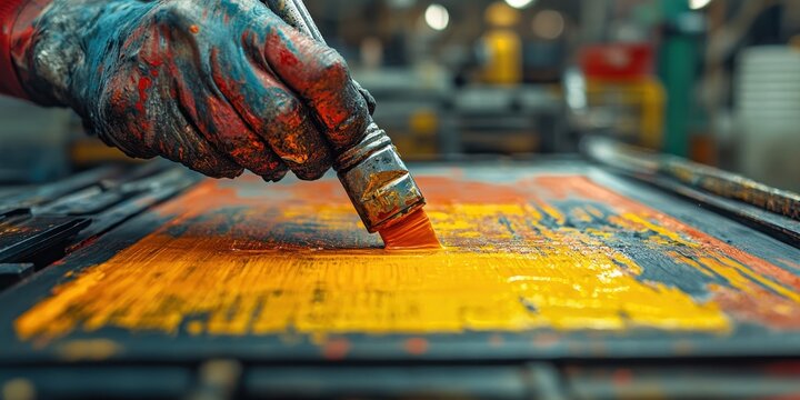 Close-up of an artist's paintbrush applying vibrant orange and yellow paint on a canvas in a creative studio setting, highlighting artistic techniques