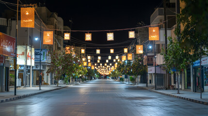 Obraz premium Modern City Street Decorated for Festive Ramadan Night Celebration with Illuminated Lanterns and Trees