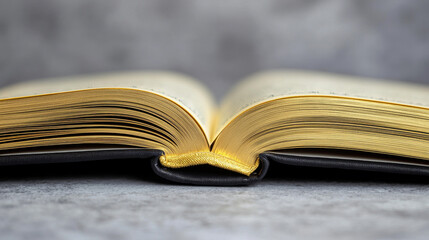 Fototapeta premium Close-up View of an Open Quran with Golden Pages During Ramadan on Gray Background