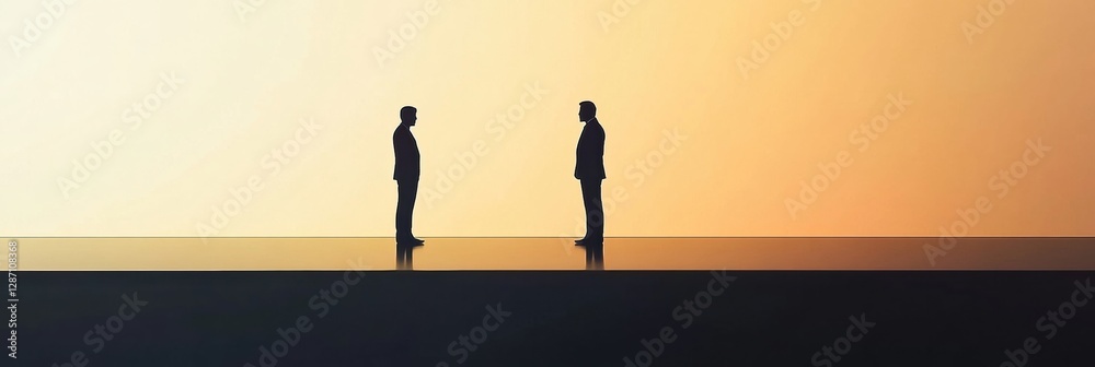 Poster two silhouetted figures facing each other against a gradient sunset background during evening hours.