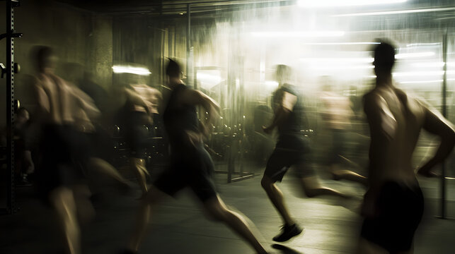 A high-intensity interval training HIIT session in a gym with participants jumping running and lifting weights.