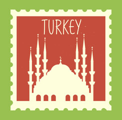 Turkey stamp with mosque silhouette. Vector illustration