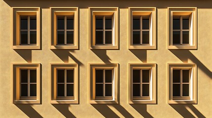 Sunlight Dapples a Yellow Building's Symmetrical Windows AI Generated