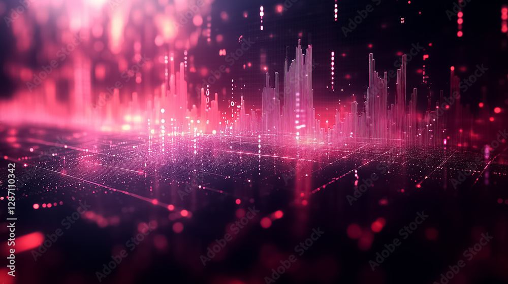 Poster glowing digital wave patterns rise and fall in shades of pink and purple, creating a dynamic visual 