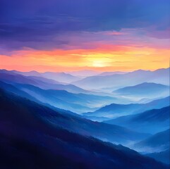 Obraz premium An illustration style depiction of a breathtaking sunset over the Blue Ridge Mountains, with vibrant colors painting the sky and mist rolling through valley after valley.